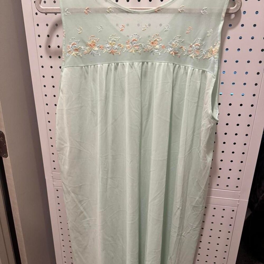 Vintage Mint Green Embroidered Sheer Yoke Nightgown Sleeveless Lingerie